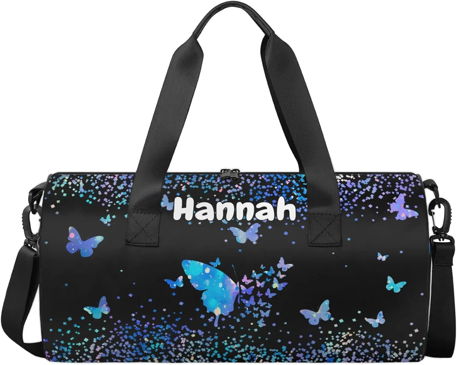 Personalized Duffel Bag with Name Butterfly Custom Travel Sports Bag for Women Men Round Waterproof Dance Ballet Bag Lightweight 17.6in, Blue
