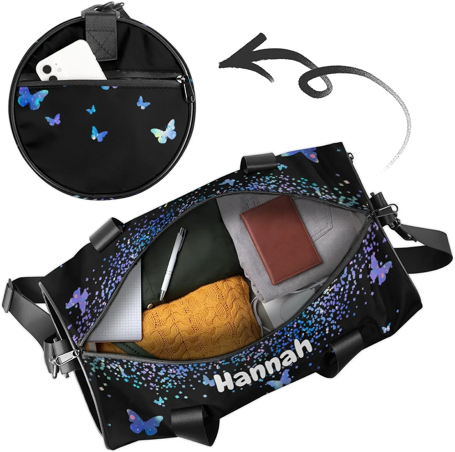 Personalized Duffel Bag with Name Butterfly Custom Travel Sports Bag for Women Men Round Waterproof Dance Ballet Bag Lightweight 17.6in, Blue