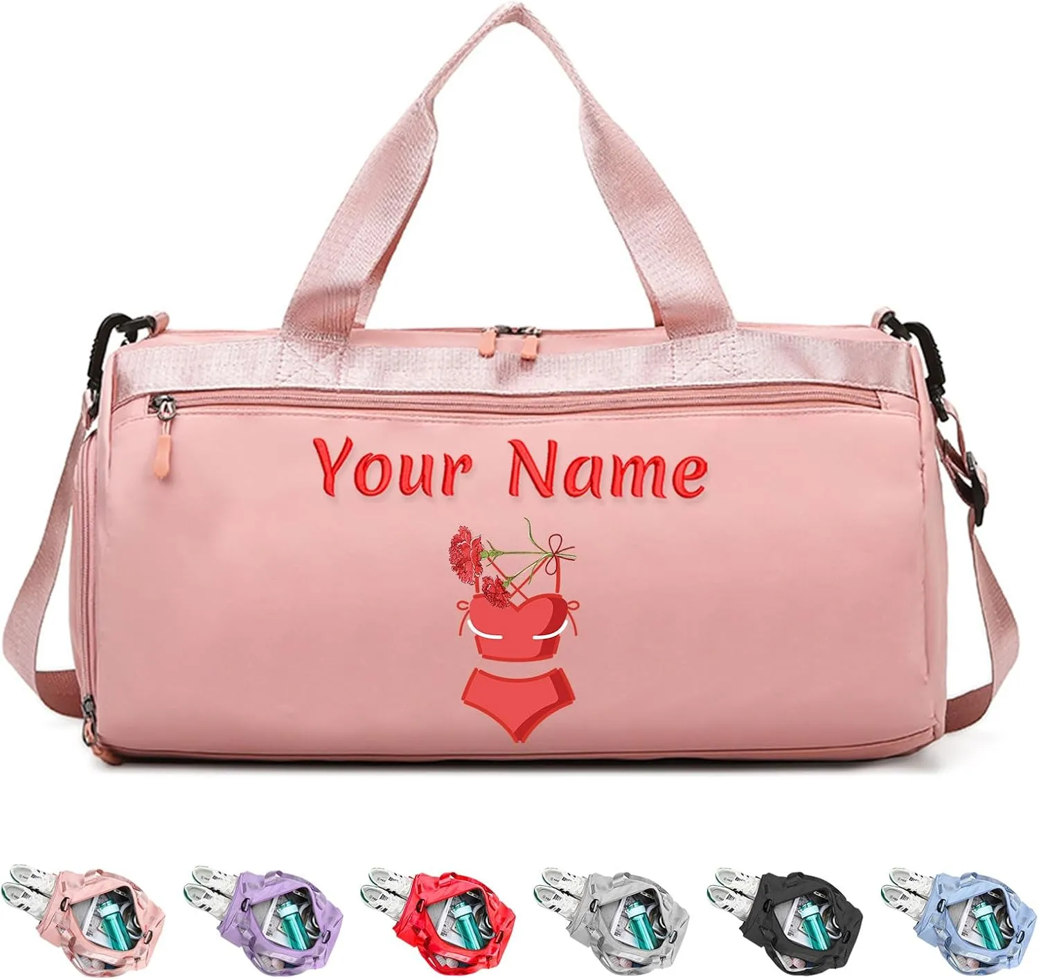 Personalized Duffel Bag with Name, Custom Sports Gym Bag for Men Women, Gift for Fitness/Travel Enthusiasts - Adjustable Shoulder Strap - with Dry Wet Pocket & Shoes Compartment - Pink