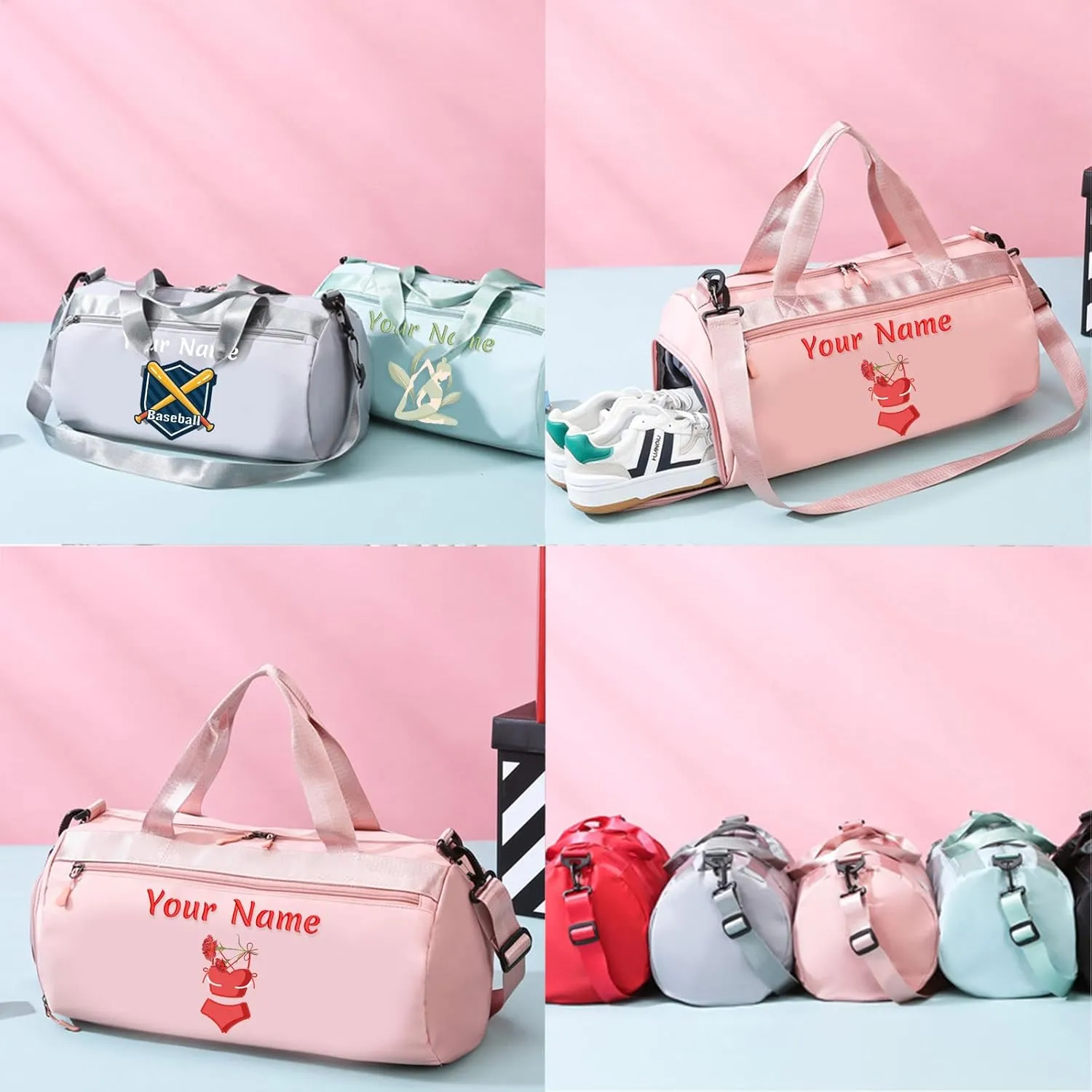 Personalized Duffel Bag with Name, Custom Sports Gym Bag for Men Women, Gift for Fitness/Travel Enthusiasts - Adjustable Shoulder Strap - with Dry Wet Pocket & Shoes Compartment - Pink