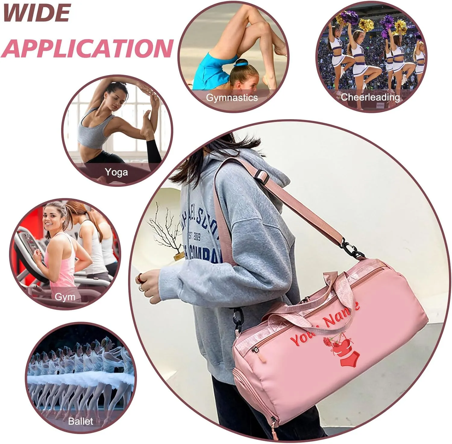 Personalized Duffel Bag with Name, Custom Sports Gym Bag for Men Women, Gift for Fitness/Travel Enthusiasts - Adjustable Shoulder Strap - with Dry Wet Pocket & Shoes Compartment - Pink