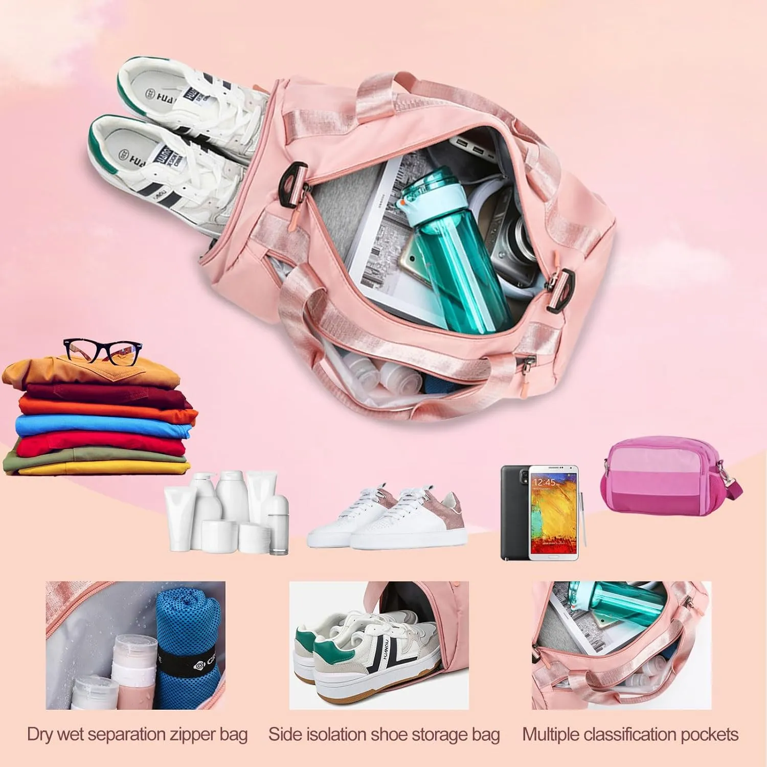 Personalized Duffel Bag with Name, Custom Sports Gym Bag for Men Women, Gift for Fitness/Travel Enthusiasts - Adjustable Shoulder Strap - with Dry Wet Pocket & Shoes Compartment - Pink