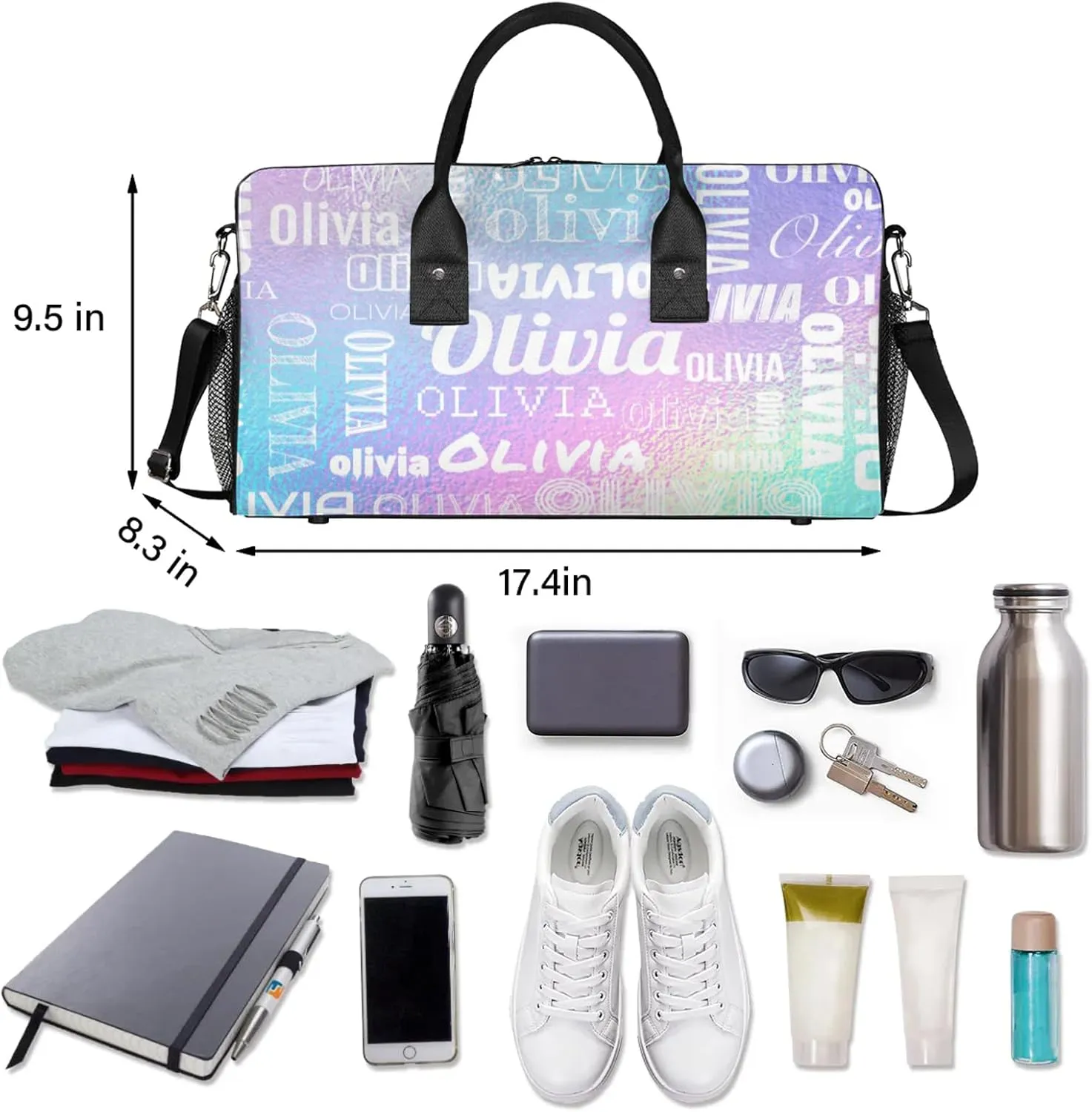 Personalized Duffel Bag with Name Custom Travel Sports Bag for Women Men Waterproof Dance Ballet Bag Lightweight 17.4in, Gradient Blue Purple