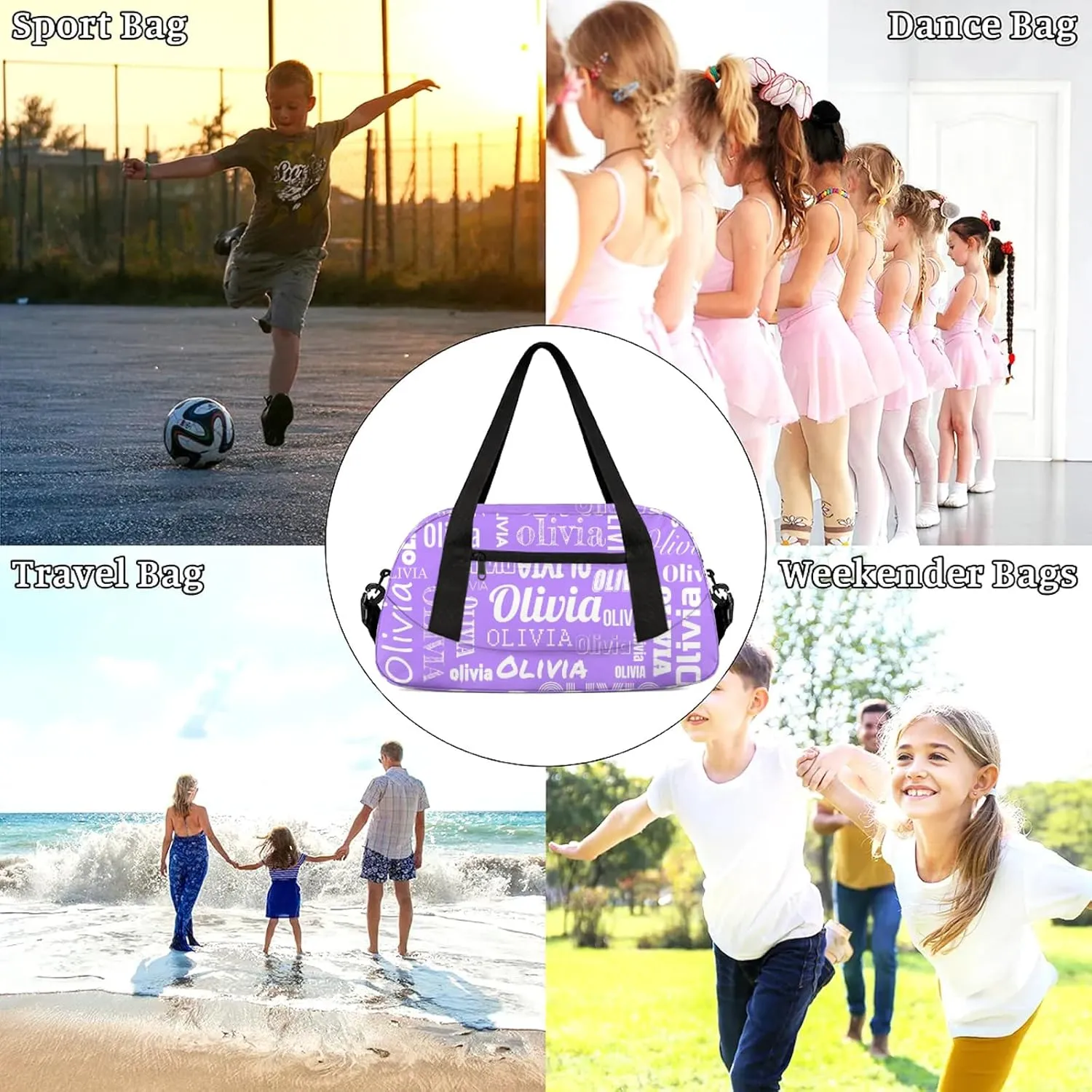 Personalized Duffel Bag with Name Custom Travel Sports Bag for Women Men Waterproof Dance Ballet Bag Lightweight 18.5in, Purple White