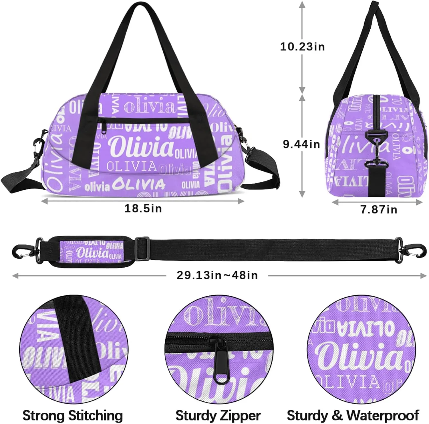 Personalized Duffel Bag with Name Custom Travel Sports Bag for Women Men Waterproof Dance Ballet Bag Lightweight 18.5in, Purple White