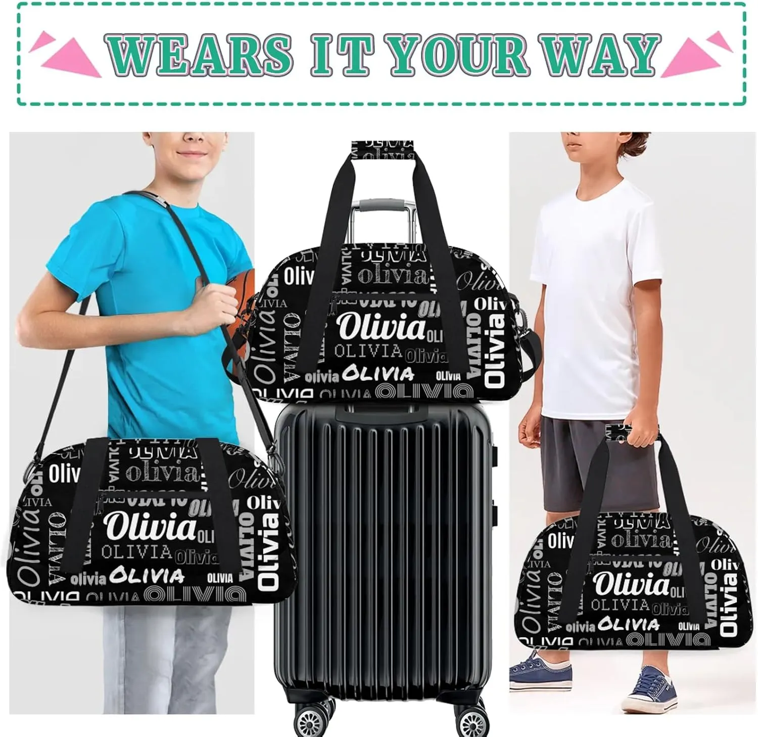 Personalized Duffel Bag with Name Custom Travel Sports Bag for Women Men Waterproof Dance Ballet Bag Lightweight 18.9in, Black