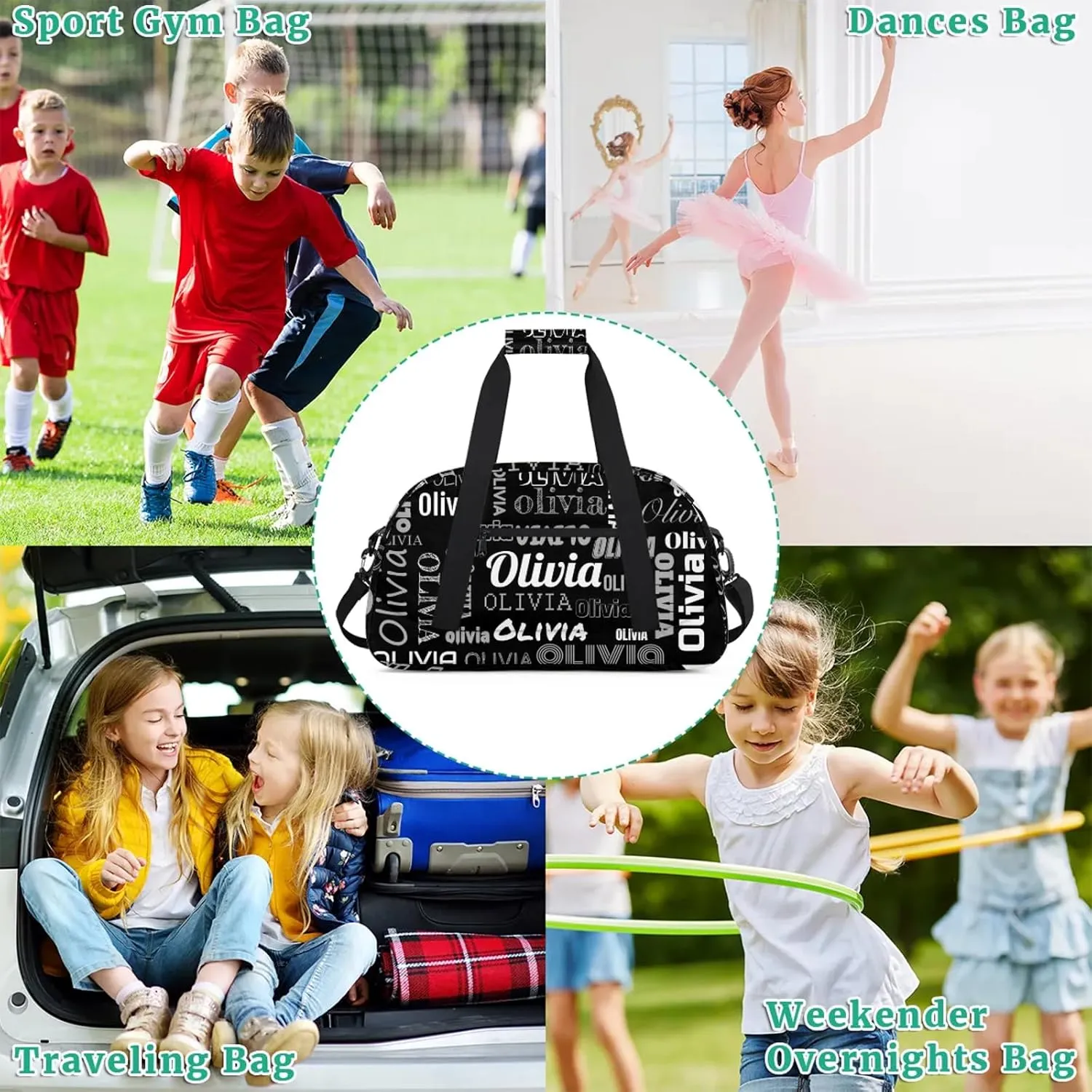 Personalized Duffel Bag with Name Custom Travel Sports Bag for Women Men Waterproof Dance Ballet Bag Lightweight 18.9in, Black