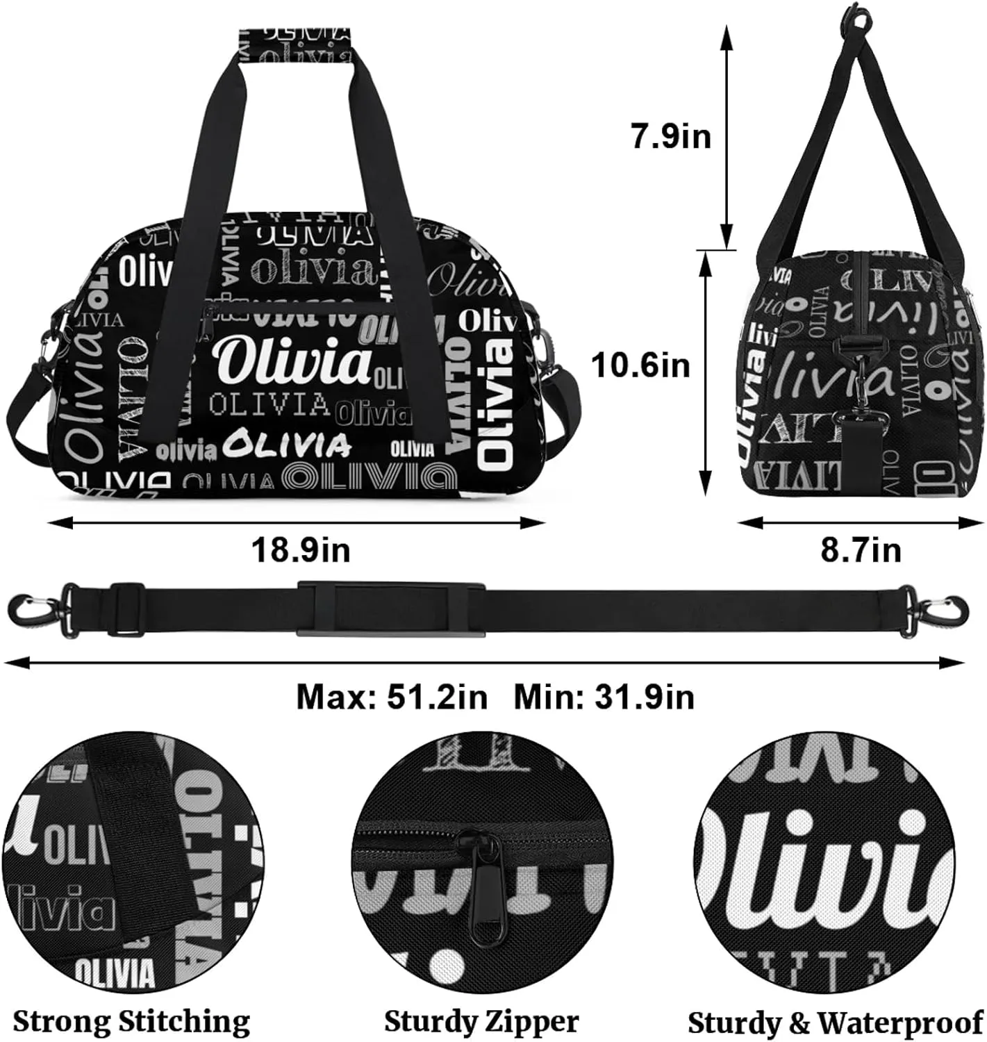 Personalized Duffel Bag with Name Custom Travel Sports Bag for Women Men Waterproof Dance Ballet Bag Lightweight 18.9in, Black