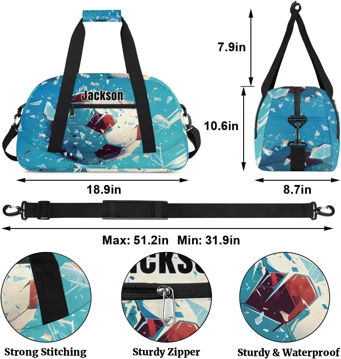 Personalized-Duffel-Bags for-Kids Gym Bag with-Name Small Sports-Bag for Boys Luggage Bags Boys-Soccer-Bag Blue-Travel-Bag