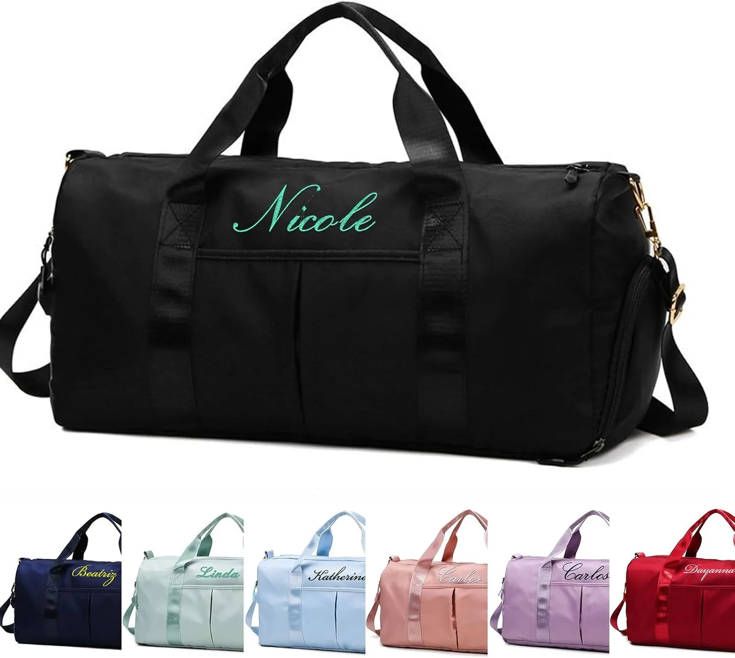 Personalized Duffel With Custom Name Embroidered - Sport Gym Weekender With Dry Wet Separated Pockets, Shoe Compartment - Overnight Travel Bag