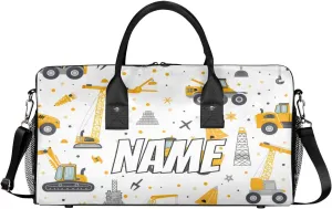 Personalized Excavator Truck Car Travel Duffel Bag with Name, Custom Gym Sport Bag Yellow Excavator Tractor Carry On Weekend Overnight Duffel Bag for Men Women