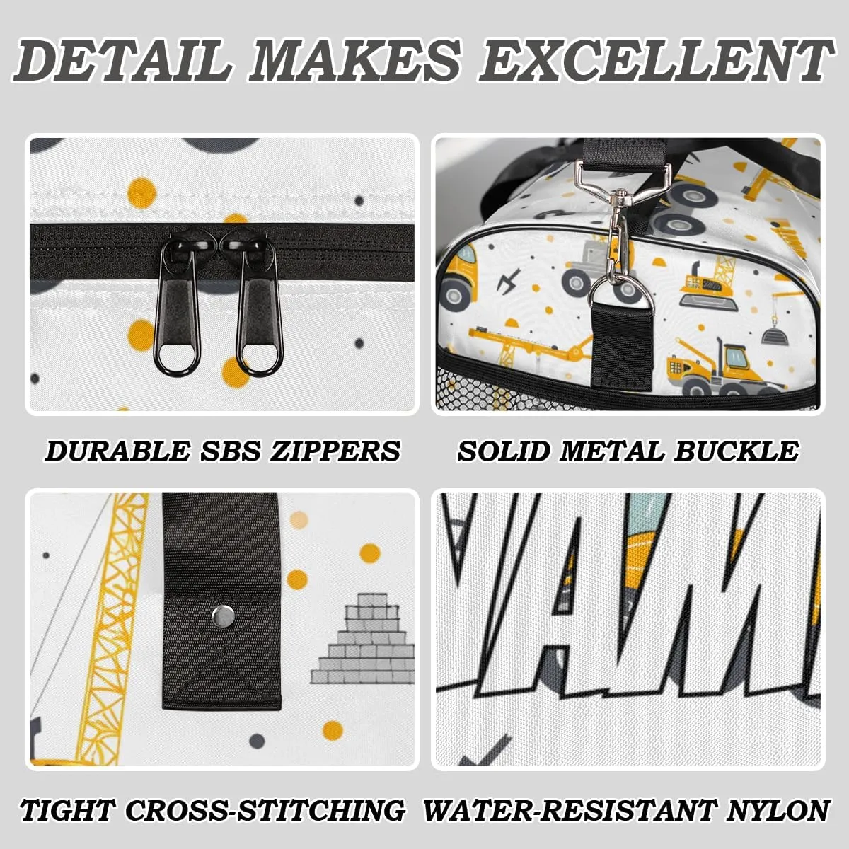 Personalized Excavator Truck Car Travel Duffel Bag with Name, Custom Gym Sport Bag Yellow Excavator Tractor Carry On Weekend Overnight Duffel Bag for Men Women