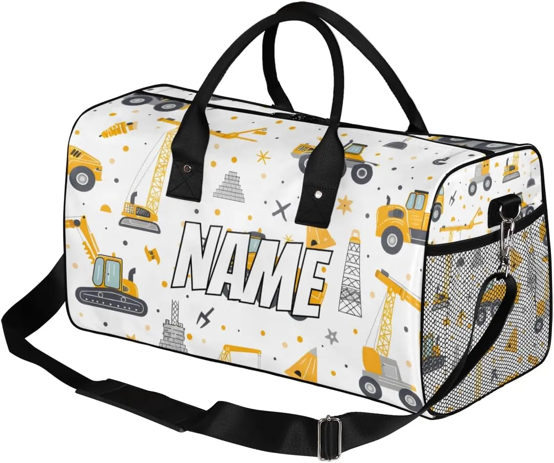 Personalized Excavator Truck Car Travel Duffel Bag with Name, Custom Gym Sport Bag Yellow Excavator Tractor Carry On Weekend Overnight Duffel Bag for Men Women