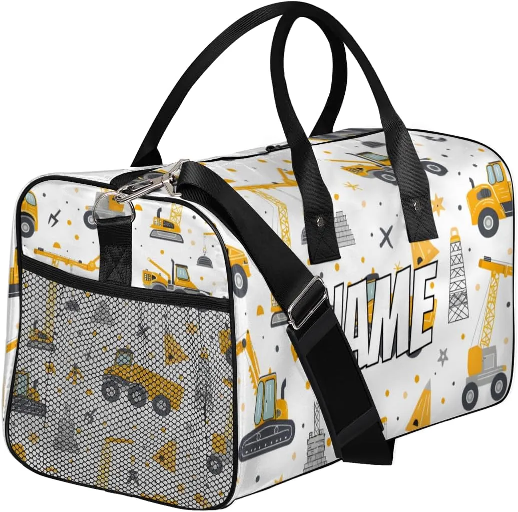 Personalized Excavator Truck Car Travel Duffel Bag with Name, Custom Gym Sport Bag Yellow Excavator Tractor Carry On Weekend Overnight Duffel Bag for Men Women