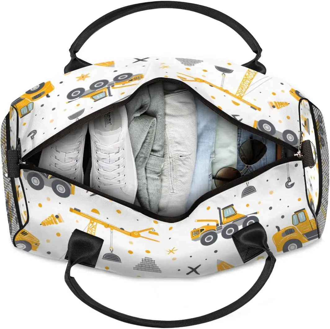 Personalized Excavator Truck Car Travel Duffel Bag with Name, Custom Gym Sport Bag Yellow Excavator Tractor Carry On Weekend Overnight Duffel Bag for Men Women