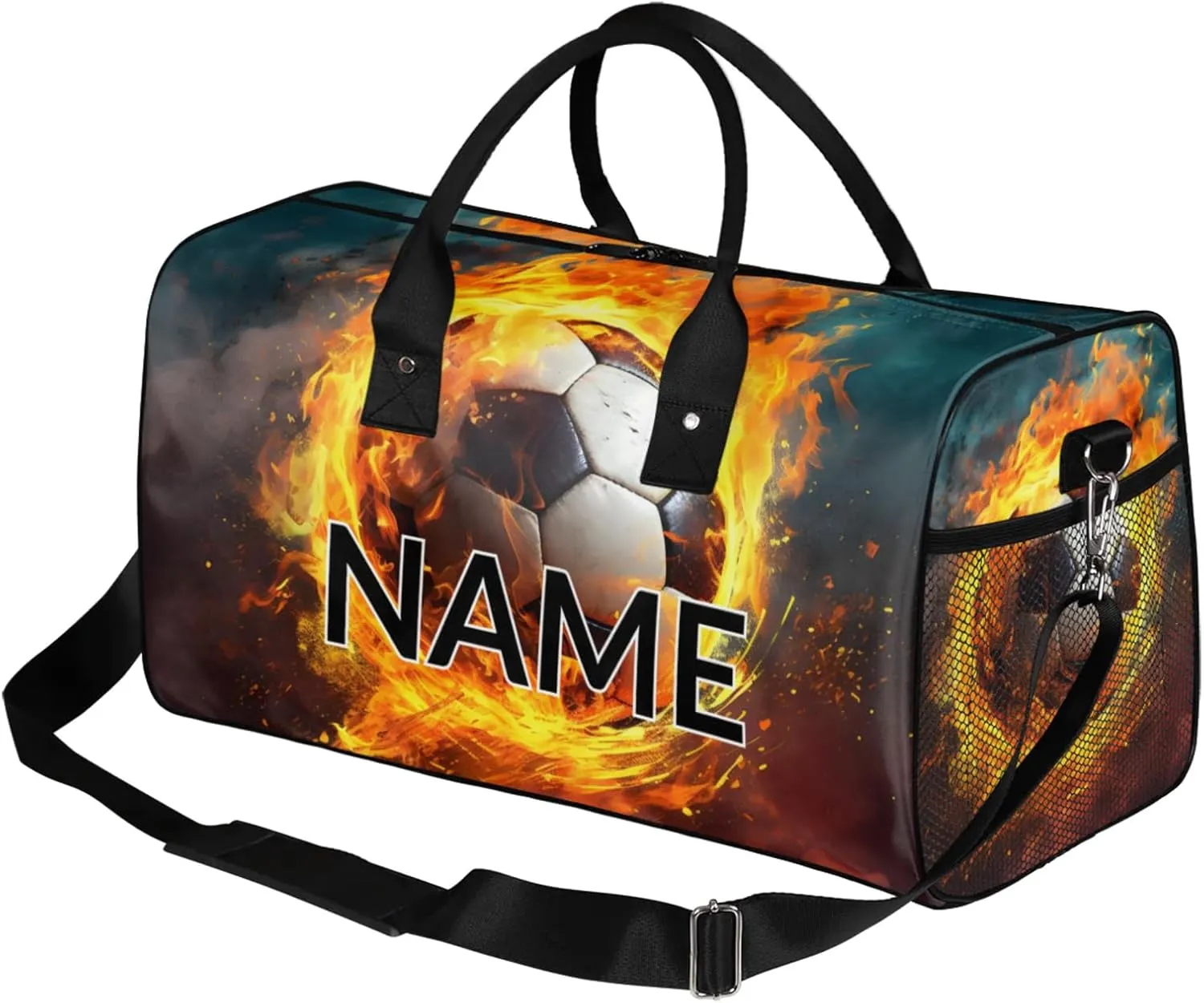 Personalized Fire Soccer Travel Duffel Bag with Name, Custom Gym Sport Bag Modern Sports Carry On Weekend Overnight Duffel Bag for Men Women
