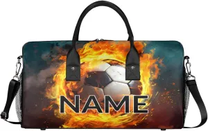 Personalized Fire Soccer Travel Duffel Bag with Name, Custom Gym Sport Bag Modern Sports Carry On Weekend Overnight Duffel Bag for Men Women
