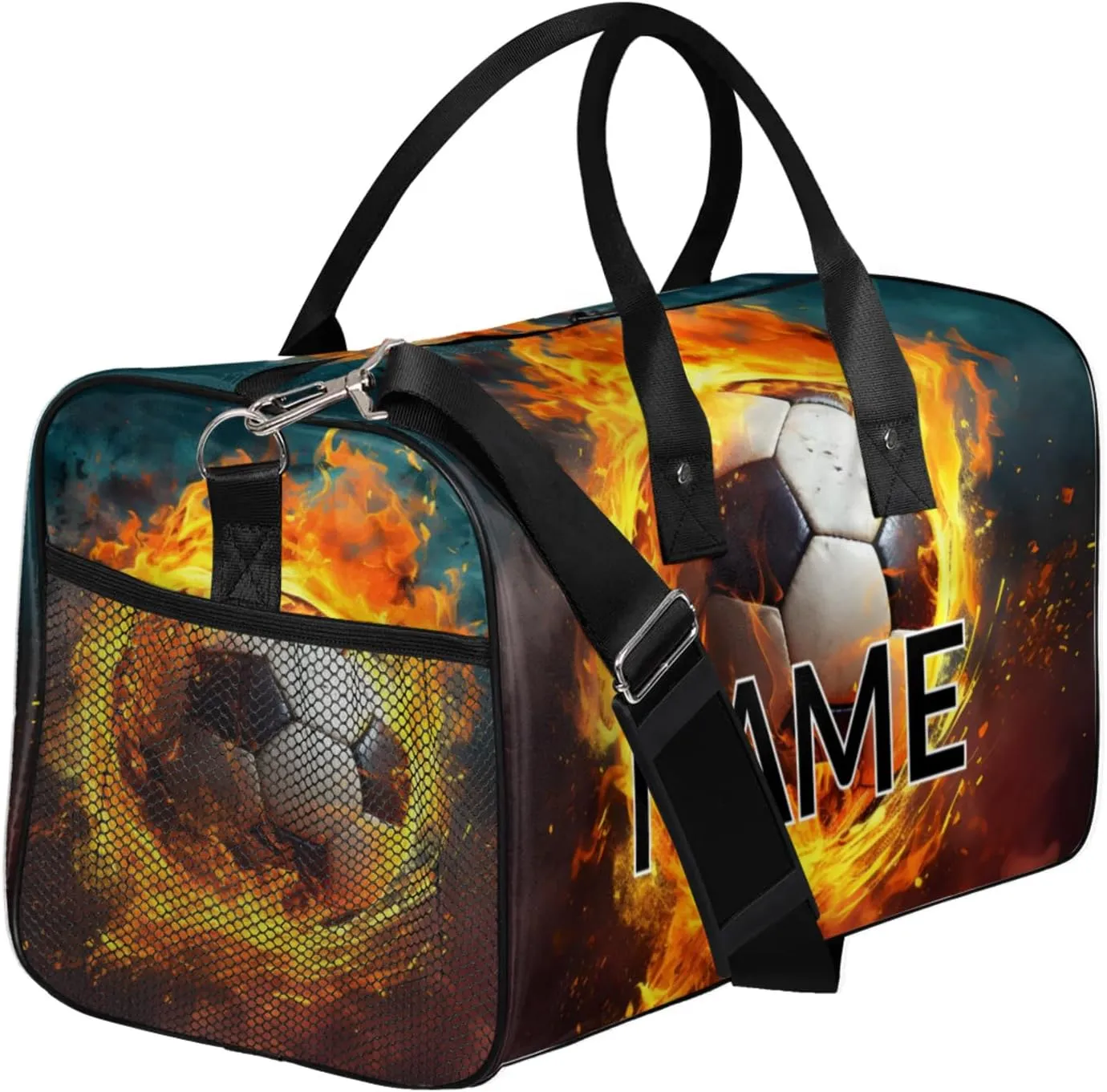 Personalized Fire Soccer Travel Duffel Bag with Name, Custom Gym Sport Bag Modern Sports Carry On Weekend Overnight Duffel Bag for Men Women