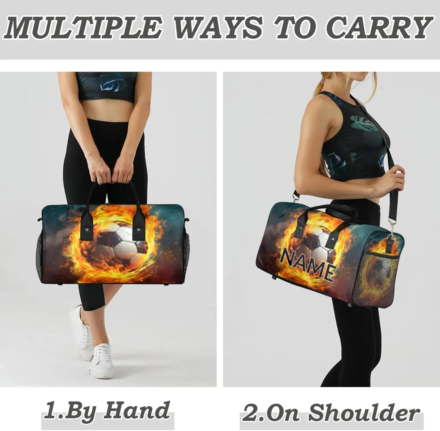 Personalized Fire Soccer Travel Duffel Bag with Name, Custom Gym Sport Bag Modern Sports Carry On Weekend Overnight Duffel Bag for Men Women