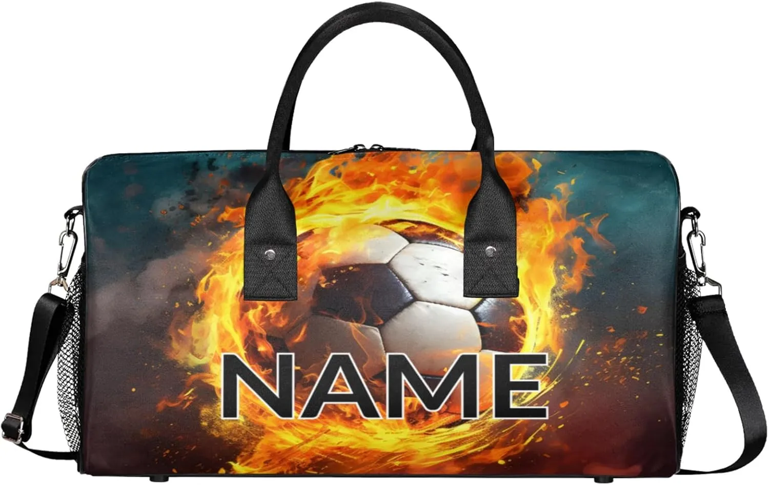 Personalized Fire Soccer Travel Duffel Bag with Name, Custom Gym Sport Bag Modern Sports Carry On Weekend Overnight Duffel Bag for Men Women