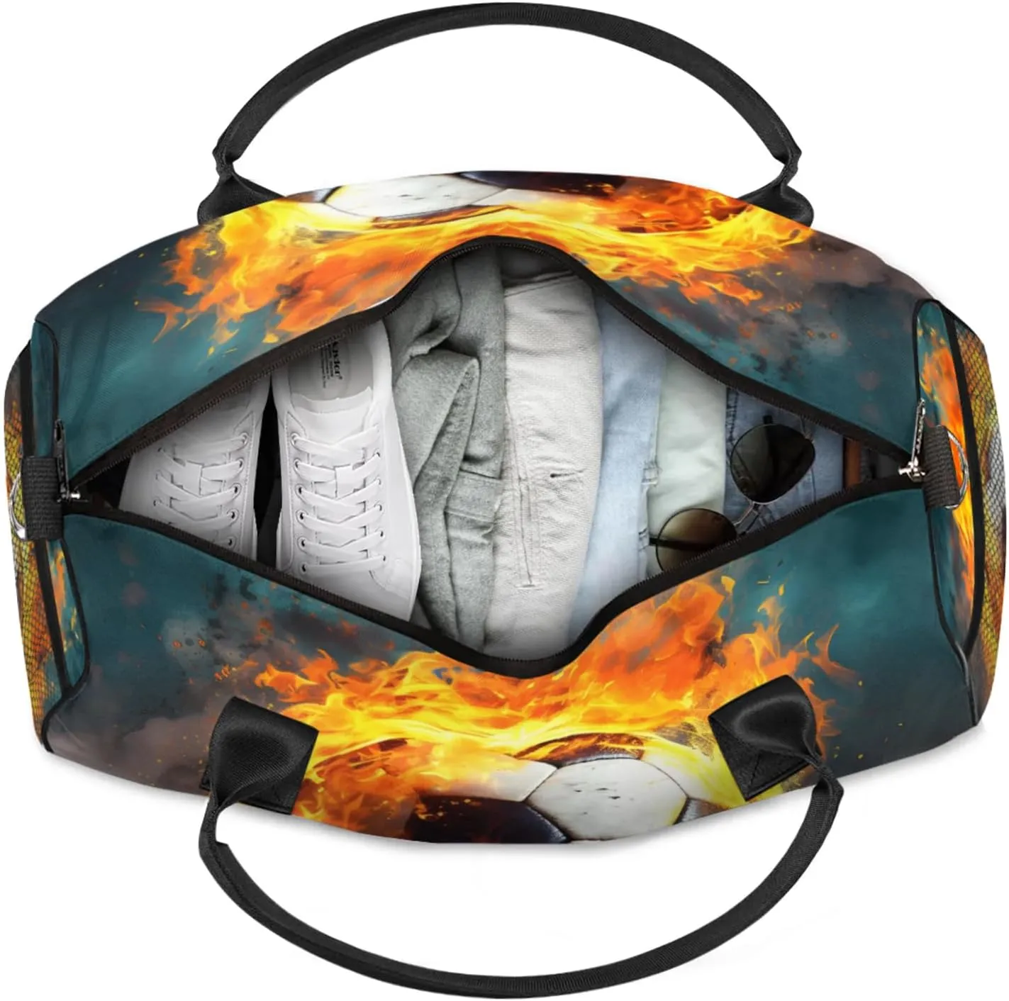 Personalized Fire Soccer Travel Duffel Bag with Name, Custom Gym Sport Bag Modern Sports Carry On Weekend Overnight Duffel Bag for Men Women