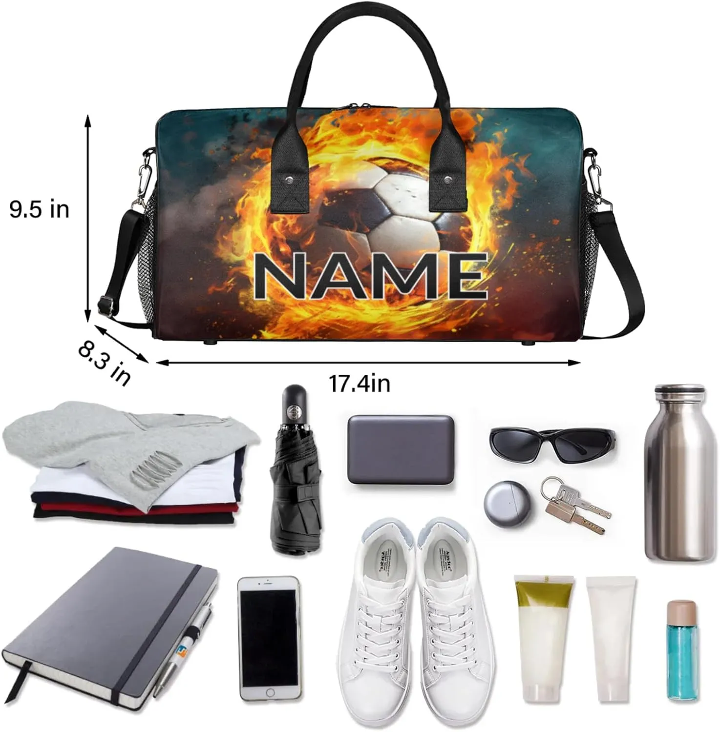 Personalized Fire Soccer Travel Duffel Bag with Name, Custom Gym Sport Bag Modern Sports Carry On Weekend Overnight Duffel Bag for Men Women