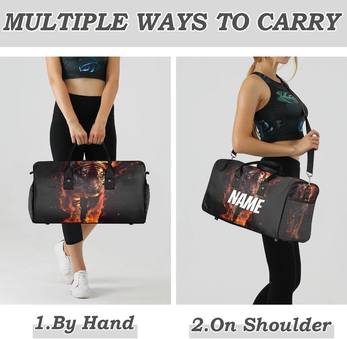 Personalized Flame Tiger Travel Duffel Bag with Name, Custom Gym Sport Bag Gothic Animal Carry On Weekend Overnight Duffel Bag for Men Women