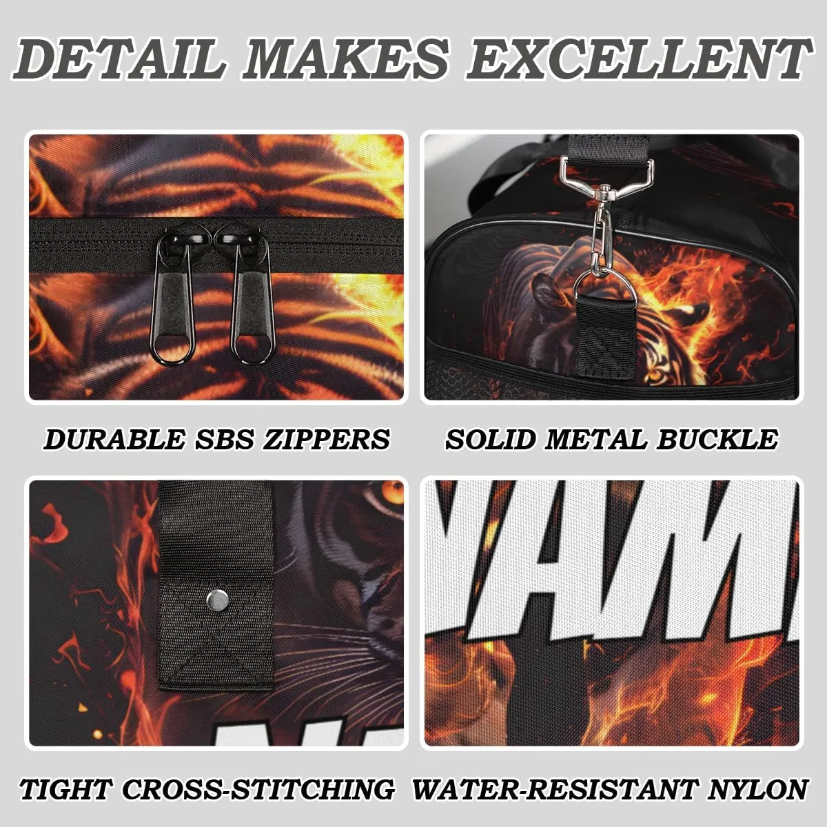 Personalized Flame Tiger Travel Duffel Bag with Name, Custom Gym Sport Bag Gothic Animal Carry On Weekend Overnight Duffel Bag for Men Women