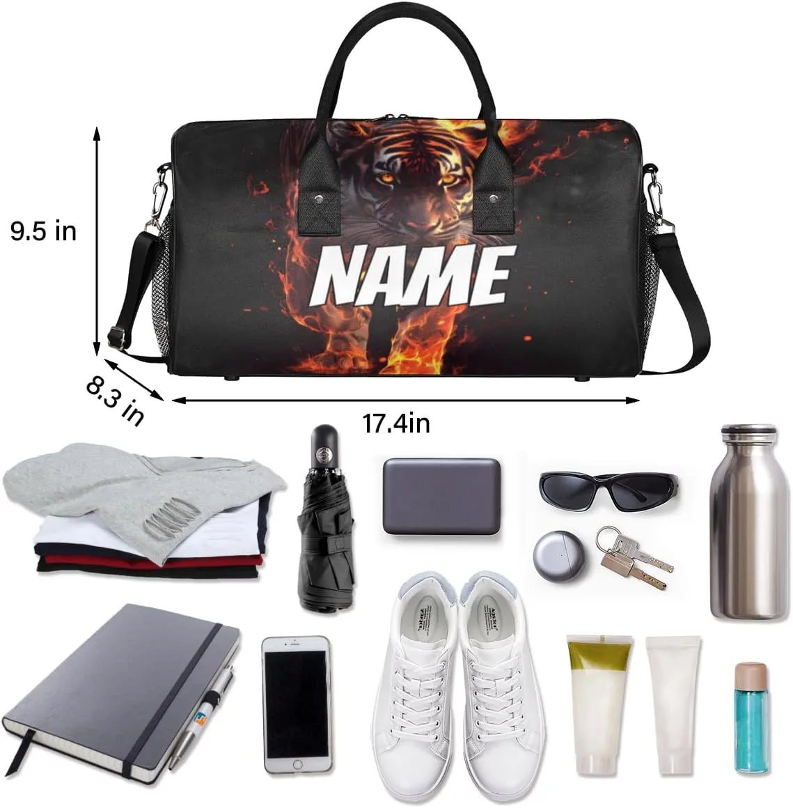 Personalized Flame Tiger Travel Duffel Bag with Name, Custom Gym Sport Bag Gothic Animal Carry On Weekend Overnight Duffel Bag for Men Women