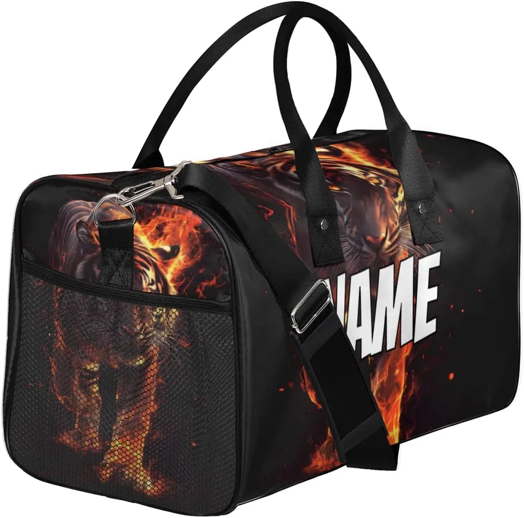 Personalized Flame Tiger Travel Duffel Bag with Name, Custom Gym Sport Bag Gothic Animal Carry On Weekend Overnight Duffel Bag for Men Women
