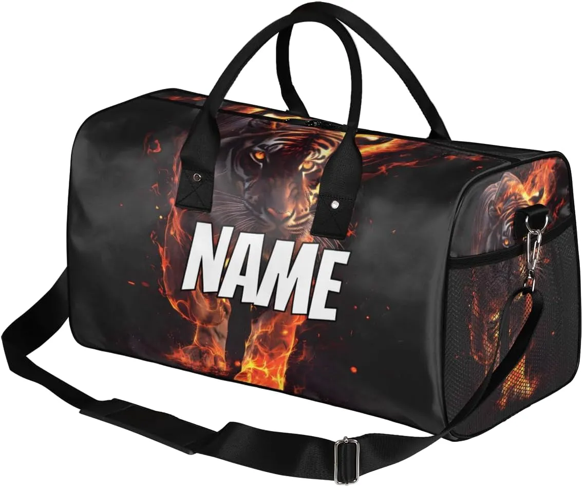 Personalized Flame Tiger Travel Duffel Bag with Name, Custom Gym Sport Bag Gothic Animal Carry On Weekend Overnight Duffel Bag for Men Women