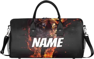 Personalized Flame Tiger Travel Duffel Bag with Name, Custom Gym Sport Bag Gothic Animal Carry On Weekend Overnight Duffel Bag for Men Women