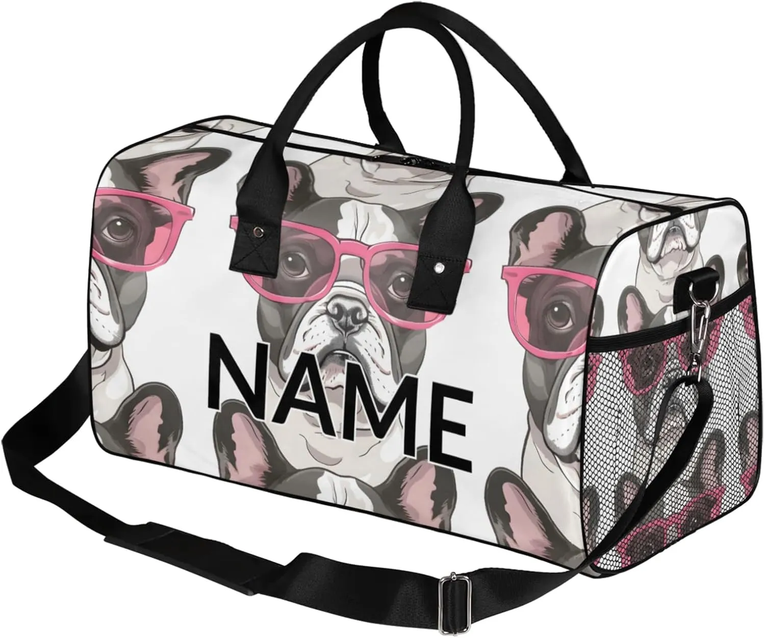 Personalized French Bulldog Dog Travel Duffel Bag with Name, Custom Gym Sport Bag Funny Dogs Carry On Weekend Overnight Duffel Bag for Men Women