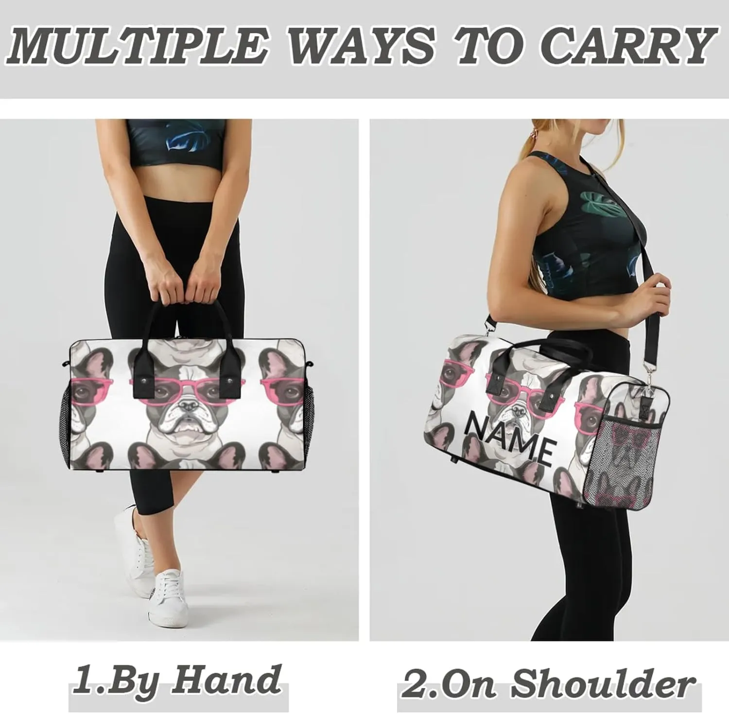 Personalized French Bulldog Dog Travel Duffel Bag with Name, Custom Gym Sport Bag Funny Dogs Carry On Weekend Overnight Duffel Bag for Men Women