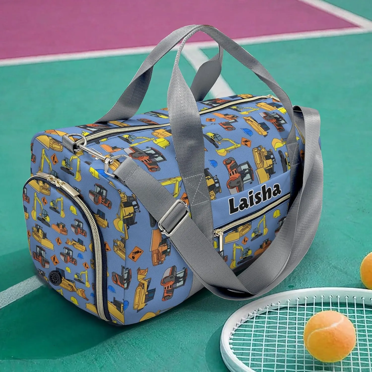 Personalized Fun Construction Vehicles Duffel Bag,Customized Sport Player Travel Bag for Gifts