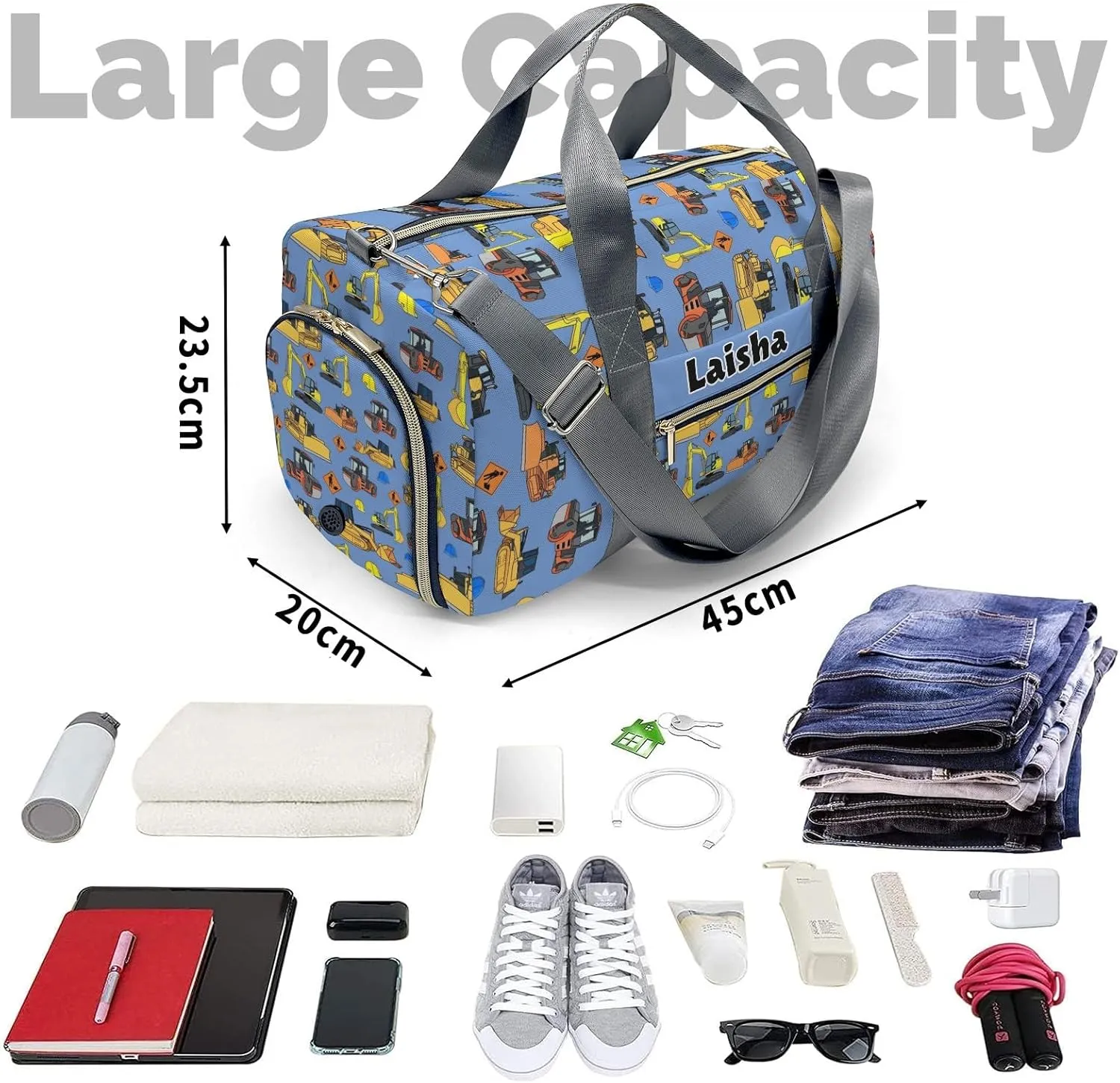 Personalized Fun Construction Vehicles Duffel Bag,Customized Sport Player Travel Bag for Gifts
