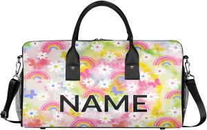 Personalized Fun Rainbow Travel Duffel Bag with Name, Custom Gym Sport Bag Colorful Floral Carry On Weekend Overnight Duffel Bag for Men Women