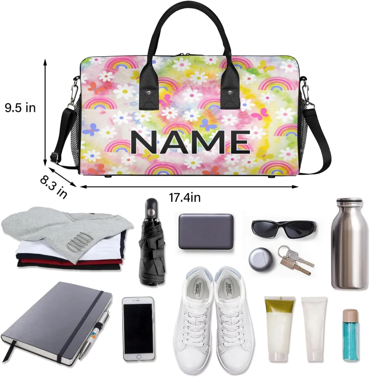 Personalized Fun Rainbow Travel Duffel Bag with Name, Custom Gym Sport Bag Colorful Floral Carry On Weekend Overnight Duffel Bag for Men Women