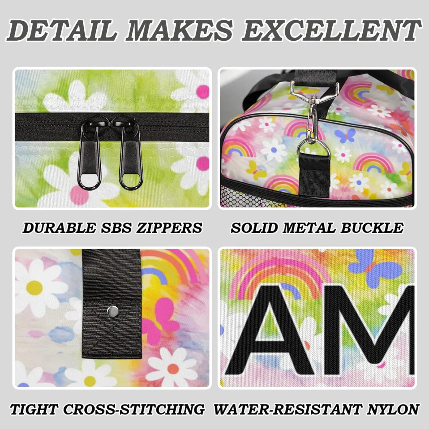 Personalized Fun Rainbow Travel Duffel Bag with Name, Custom Gym Sport Bag Colorful Floral Carry On Weekend Overnight Duffel Bag for Men Women