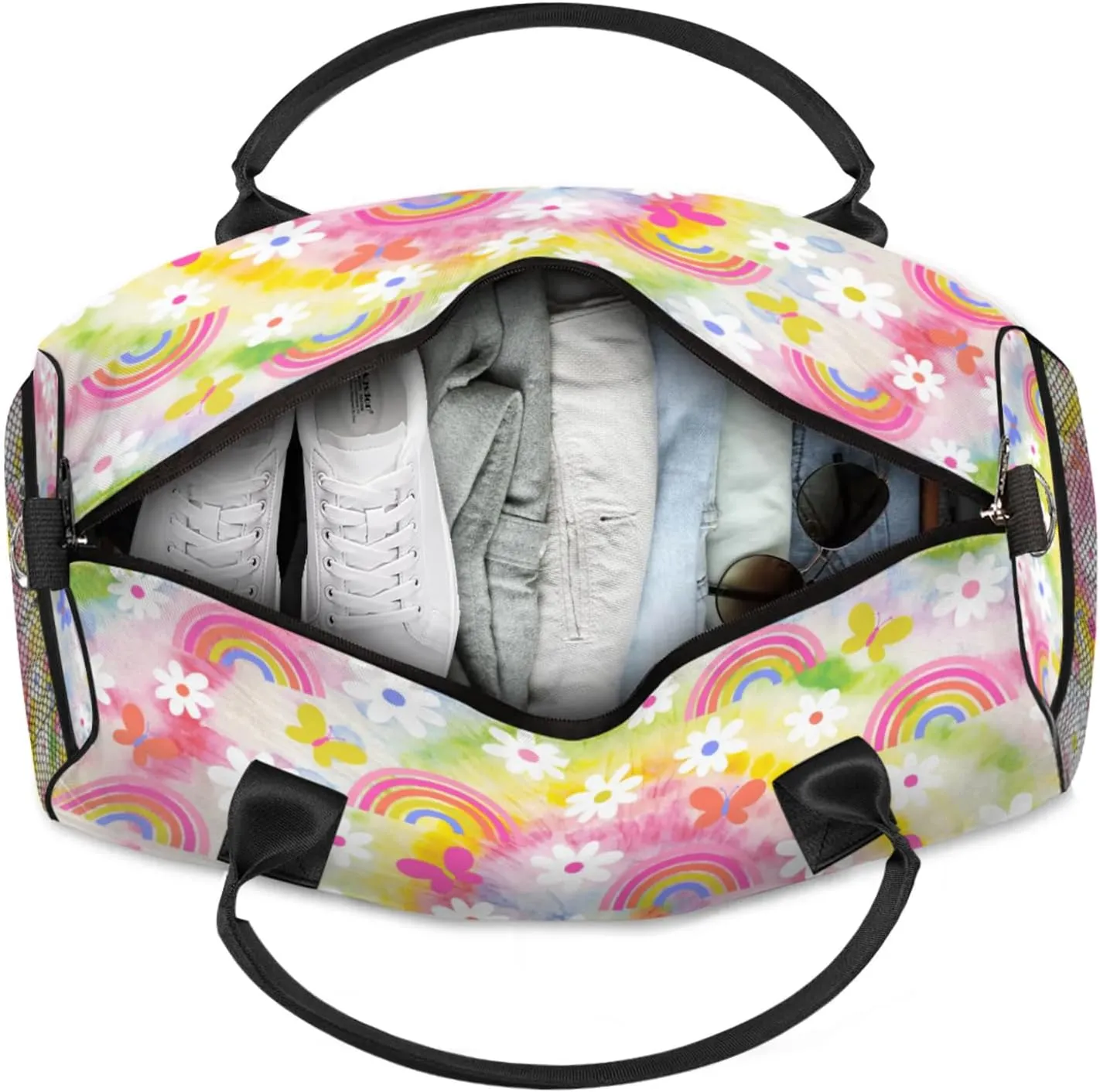 Personalized Fun Rainbow Travel Duffel Bag with Name, Custom Gym Sport Bag Colorful Floral Carry On Weekend Overnight Duffel Bag for Men Women