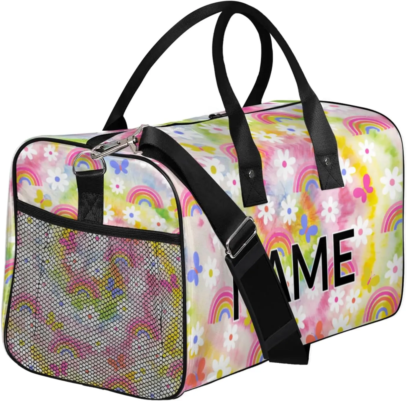 Personalized Fun Rainbow Travel Duffel Bag with Name, Custom Gym Sport Bag Colorful Floral Carry On Weekend Overnight Duffel Bag for Men Women