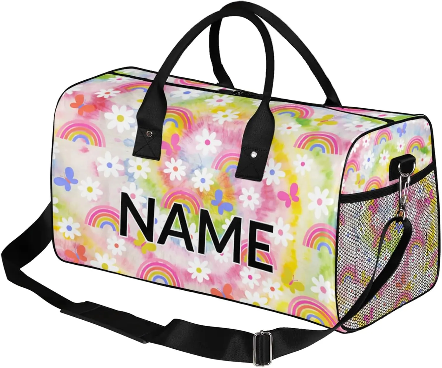 Personalized Fun Rainbow Travel Duffel Bag with Name, Custom Gym Sport Bag Colorful Floral Carry On Weekend Overnight Duffel Bag for Men Women
