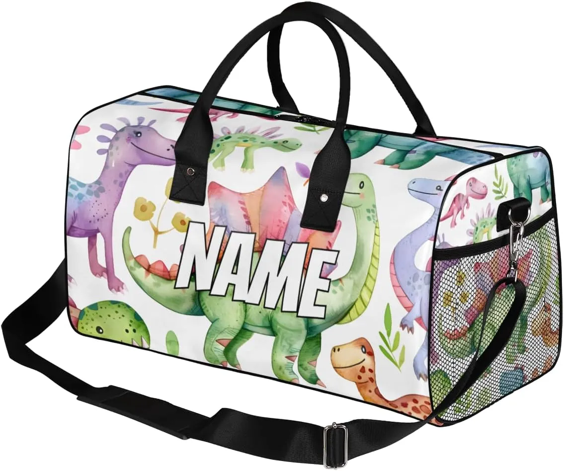 Personalized Funny Dino Travel Duffel Bag with Name, Custom Gym Sport Bag Animals Dinosaur Carry On Weekend Overnight Duffel Bag for Men Women