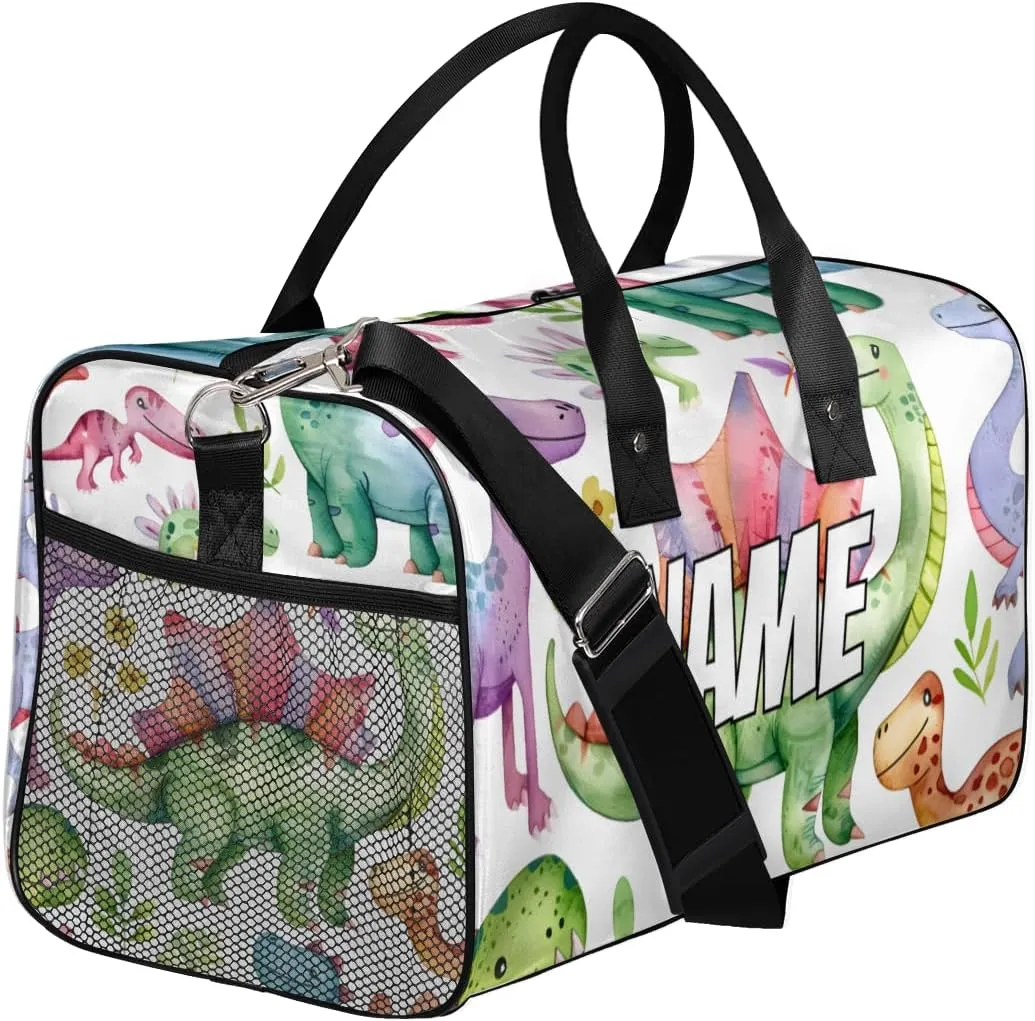 Personalized Funny Dino Travel Duffel Bag with Name, Custom Gym Sport Bag Animals Dinosaur Carry On Weekend Overnight Duffel Bag for Men Women