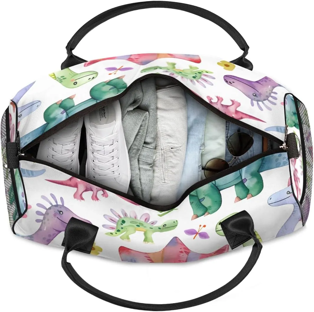 Personalized Funny Dino Travel Duffel Bag with Name, Custom Gym Sport Bag Animals Dinosaur Carry On Weekend Overnight Duffel Bag for Men Women