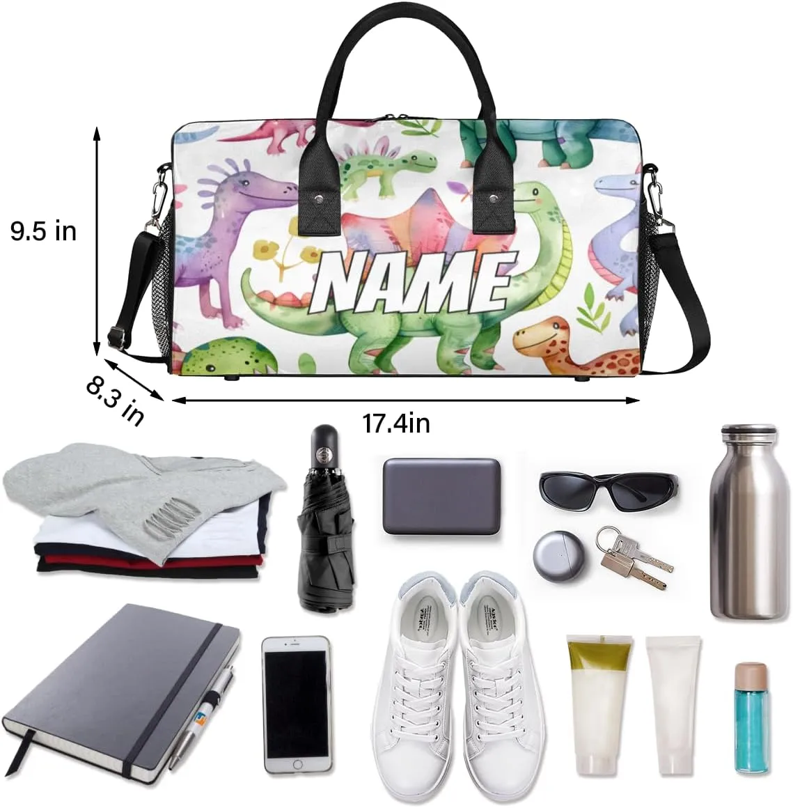 Personalized Funny Dino Travel Duffel Bag with Name, Custom Gym Sport Bag Animals Dinosaur Carry On Weekend Overnight Duffel Bag for Men Women
