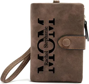 Personalized Gifts for Mom - Custom Womens Wallet with Names, Gifts for Mothers Day Mom Birthday - Customized Ladies Wristlet Wallet Coin Purse Bifold Cards Holder, Brown