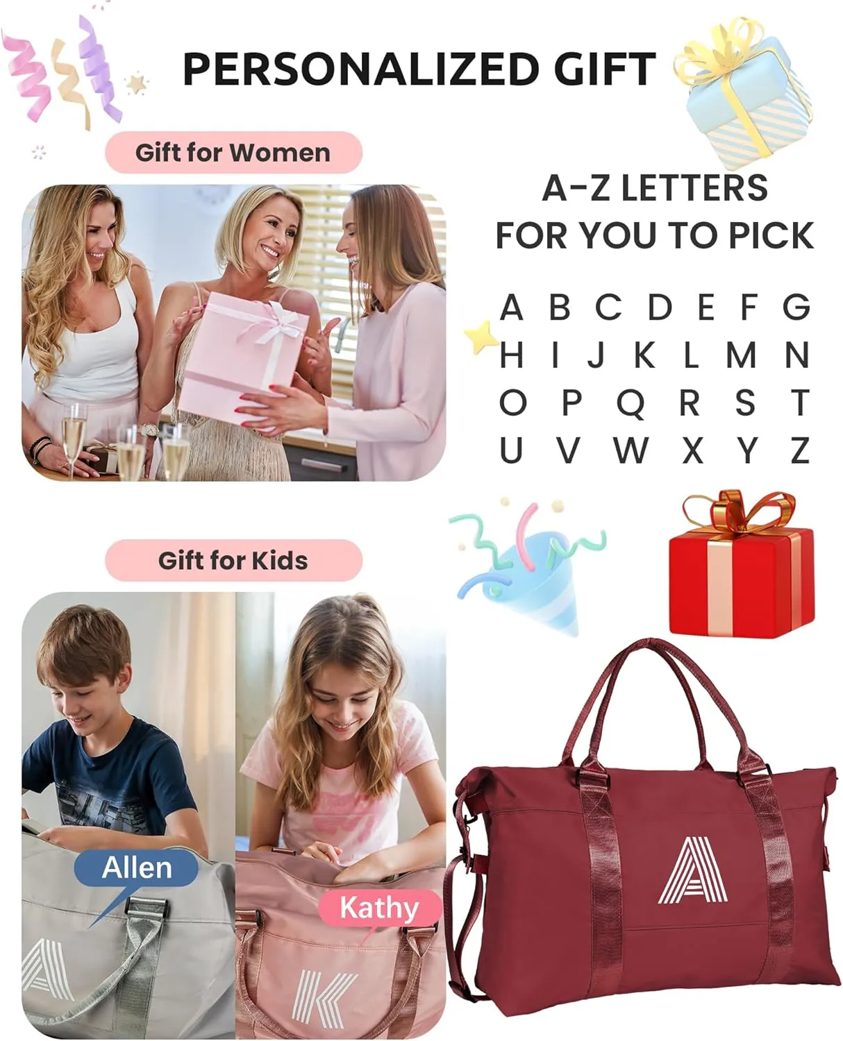 Personalized Gifts, Initial Travel Duffel Bag, Sports Bag, Personalized Weekender Bag with Shoulder Strap, Monogram Overnight Bag, Graduation Gifts for Her (Letter M)