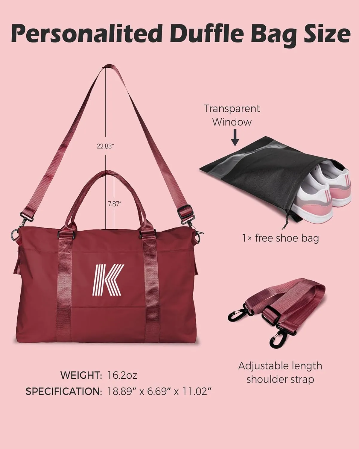 Personalized Gifts, Initial Travel Duffel Bag, Sports Bag, Personalized Weekender Bag with Shoulder Strap, Monogram Overnight Bag, Graduation Gifts for Her (Letter M)