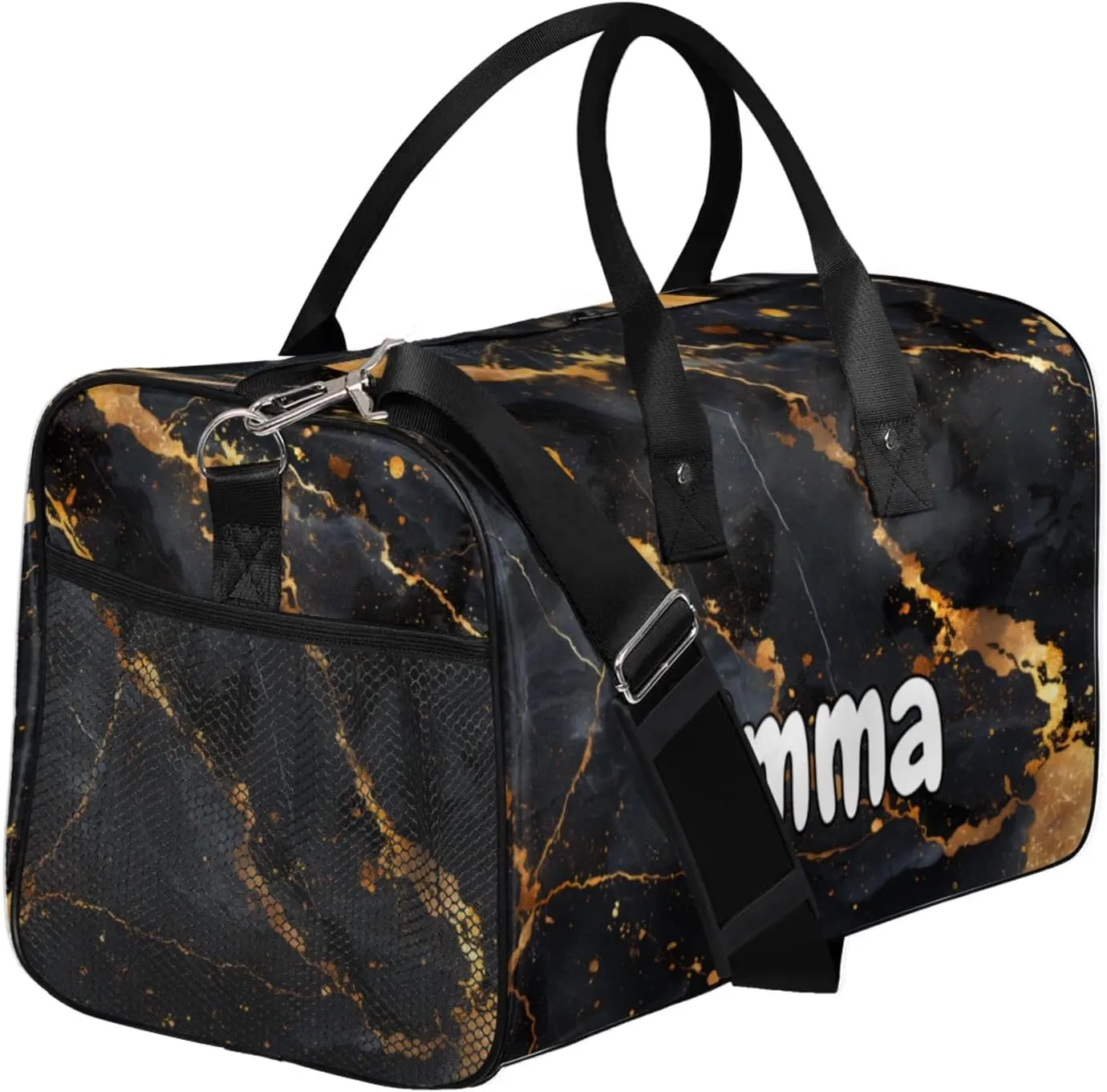 Personalized Gold Black Marble Travel Duffel Bag with Name, Custom Gym Sport Bag Modern Abstract Carry On Weekend Overnight Duffel Bag for Men Women